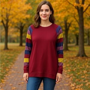 XL Striped Sleeve Pullover Top Burgundy Colorblock Casual Sweatshirt Style
